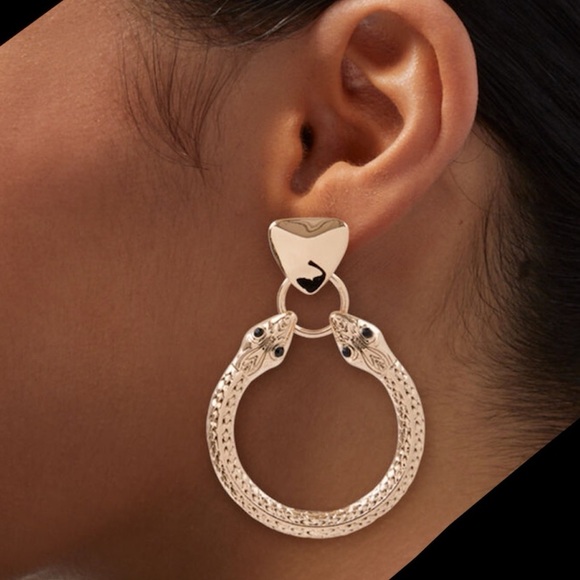 Gold-Tone Snake Heads Doorknocker 2.5" Drop Earrings - NWT - Picture 2 of 3